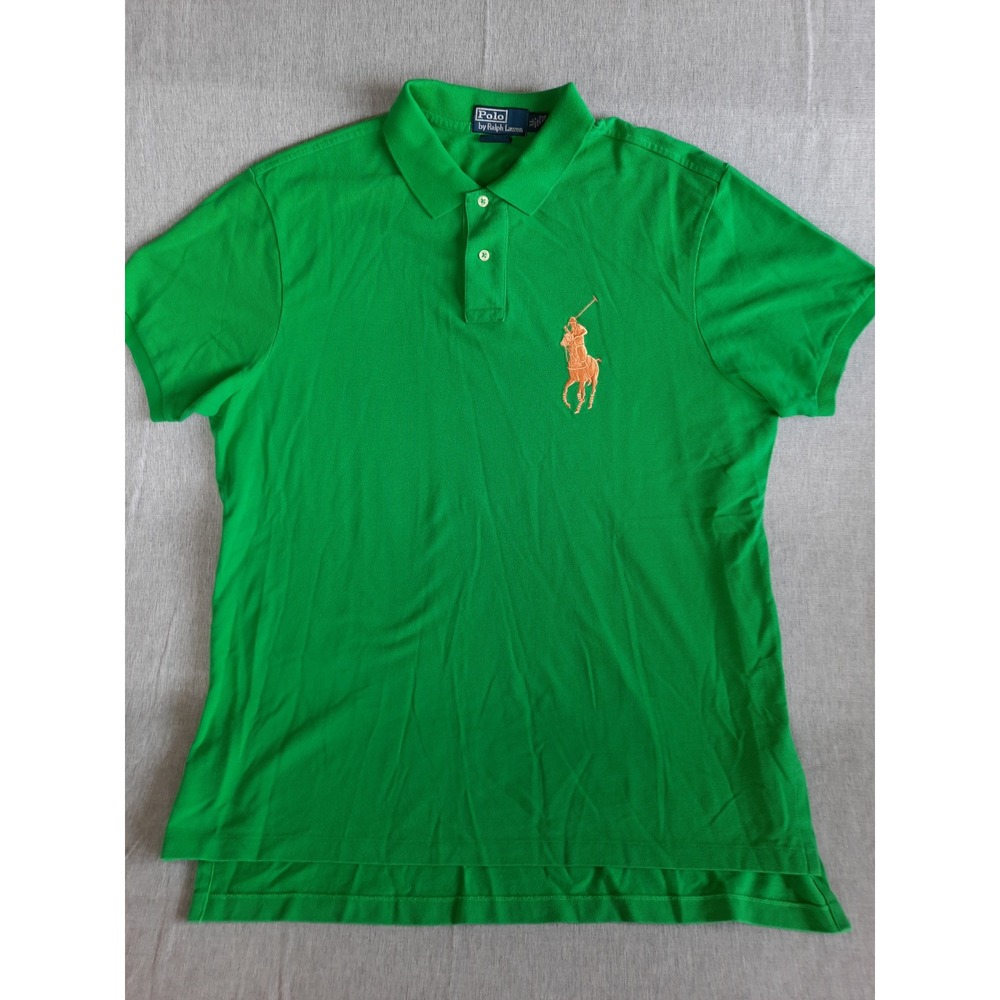 Polo by Ralph Lauren Men XL Custom Fit Green Large Golden Pony Logo Knit Polo